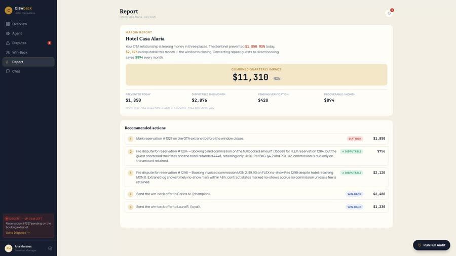Reporte de margen con acciones recomendadas y el motivo de cada disputa.